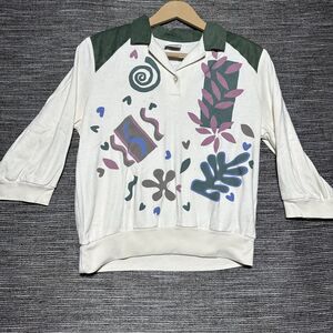 Teddi Sport Polo Shirt Women's Size S White Green Long Sleeve Vintage Floral